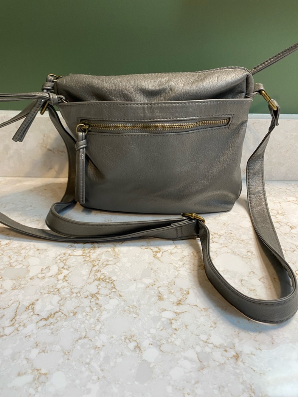 Bueno Gray Leather Crossbody with Front Zip Detail